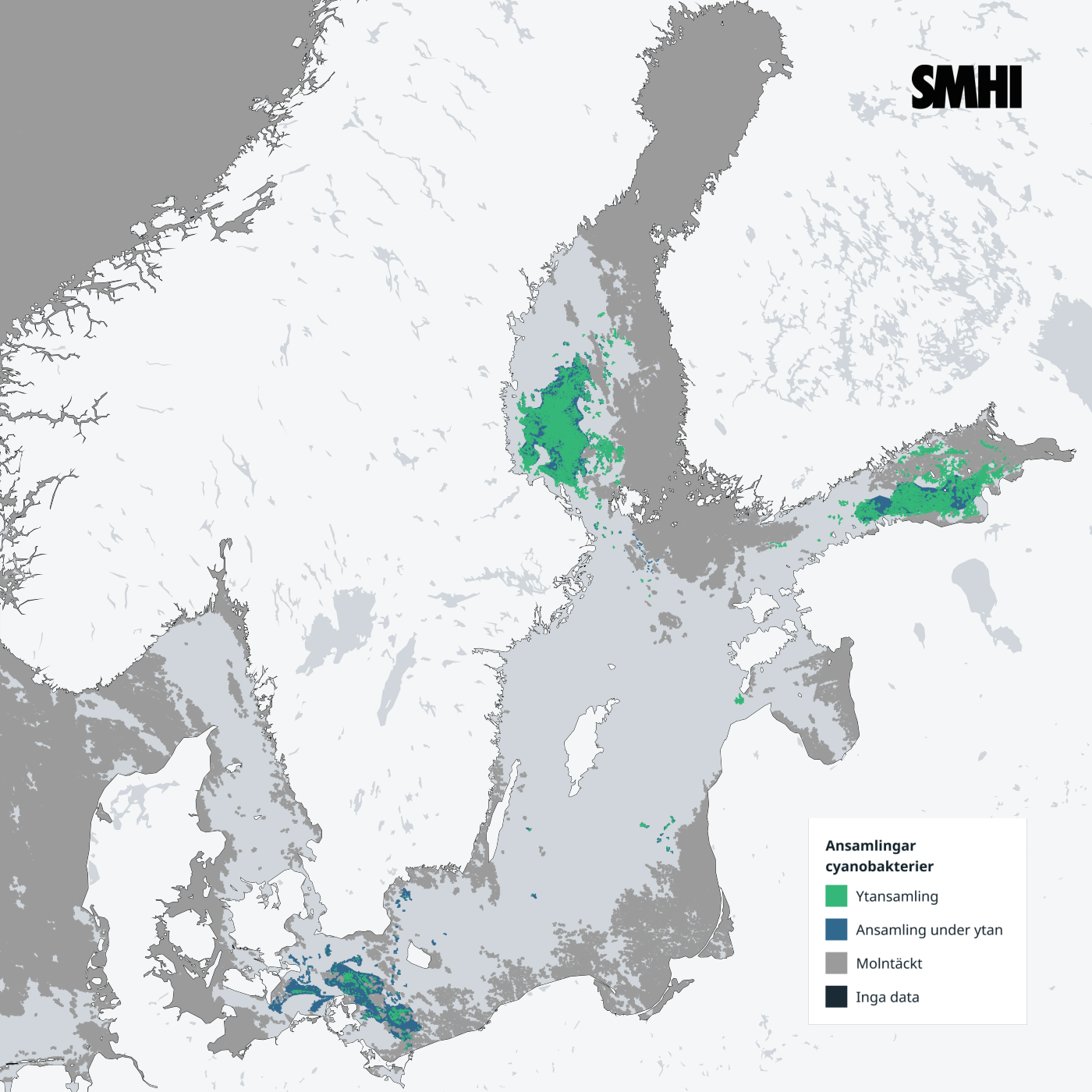 SMHI:s karta över cyanobakterieblomningar i Östersjön 28 juli
