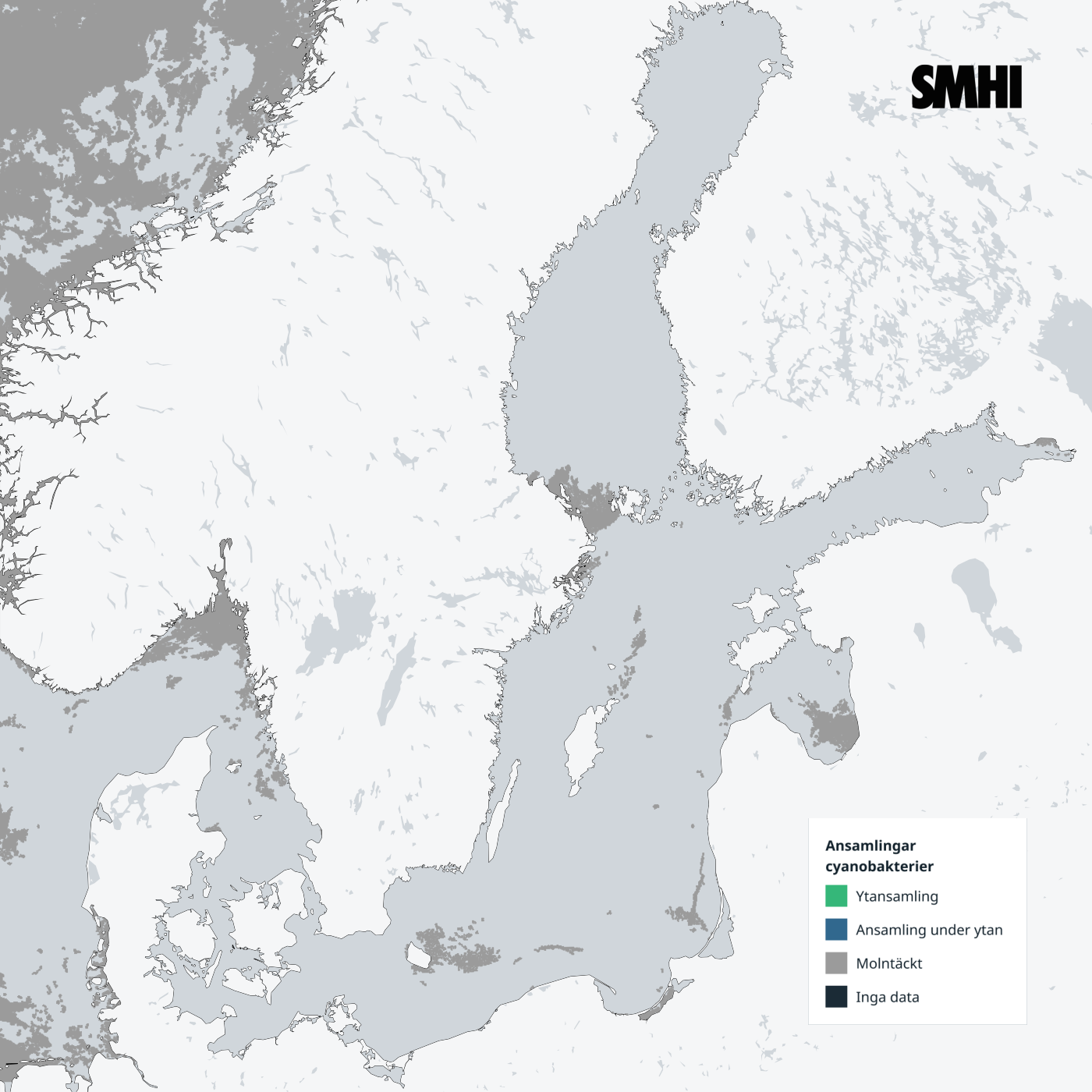 SMHI:s karta över cyanobakterieblomningar i Östersjön 27 september